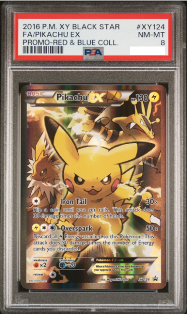 2016 POKEMON XY BLACK STAR PROMO XY124 FA/PIKACHU EX PSA 8