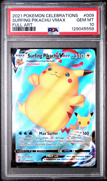 PSA 10 2021 POKEMON CELEBRATIONS #009 SURFING PIKACHU VMAX FULL ART