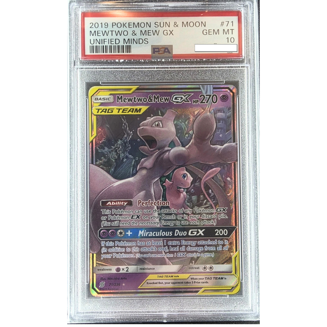 PSA 10 Pokemon Sun & Moon Mewtwo & Mew GX Unified Minds Full Art 71/236