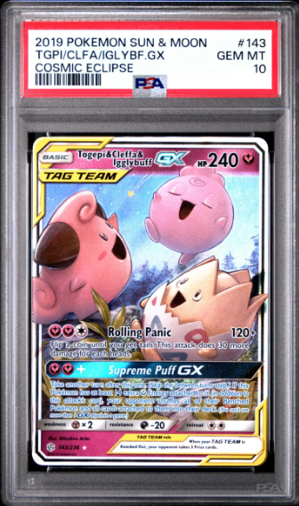 2019 POKEMON SUN & MOON COSMIC ECLIPSE 143 TOGEPI & CLEFFA & IGGLYBUFF GX PSA 10