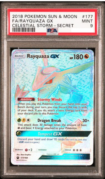 2018 Rayquaza GX 177/168 Celestial Storm CES Rare Rainbow PSA 9